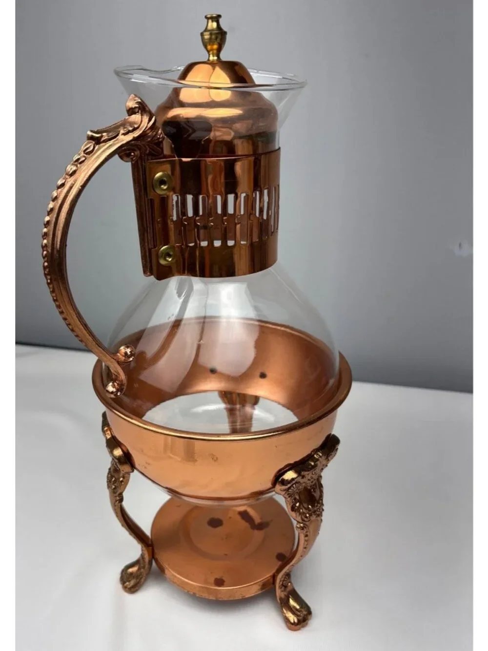 Princess House Copper Brass Coffee/Tea Carafe Lid Ornate Stand Vintage
